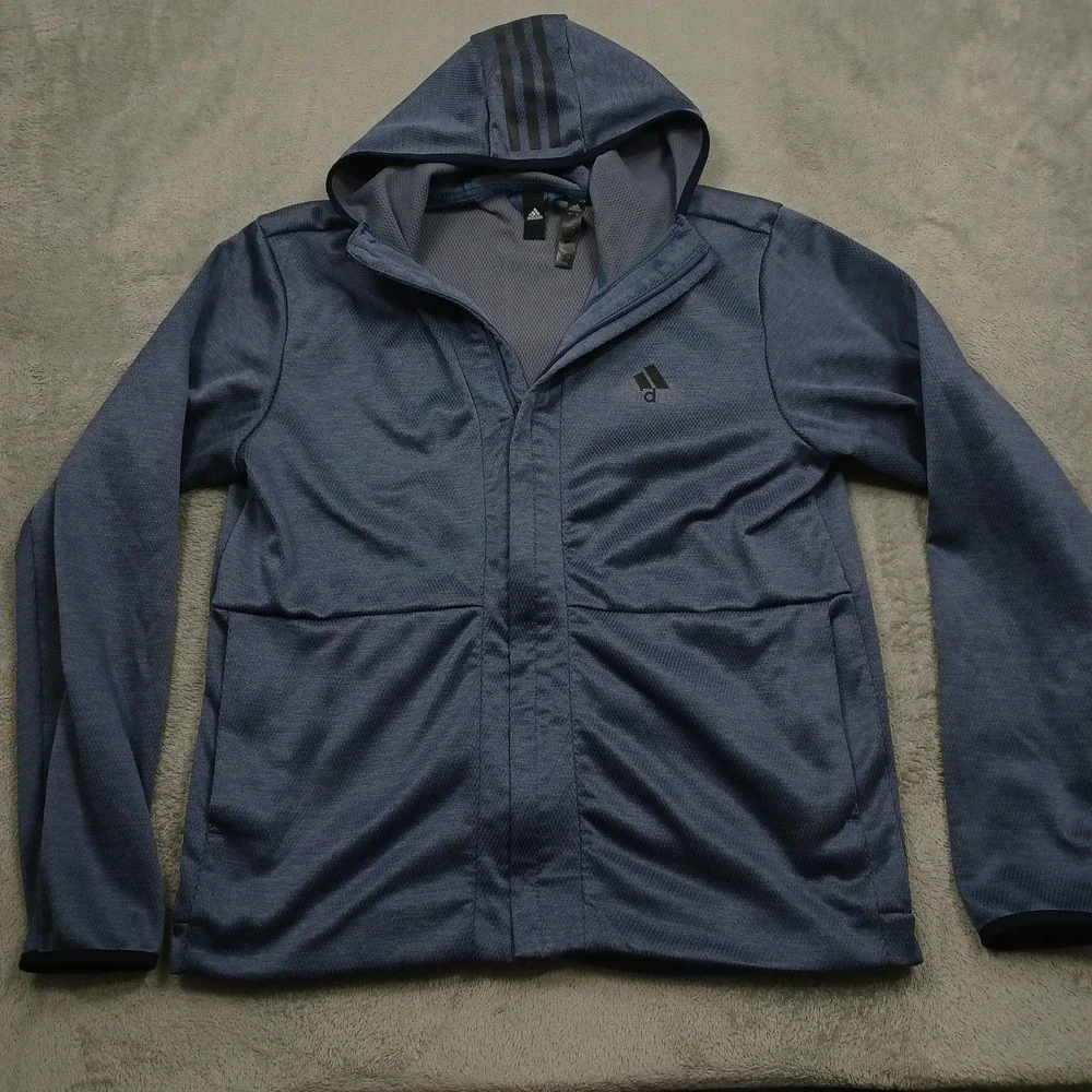Adidas Jacket Mens Large Blue Outdoor Casual Full Zip Pockets Hooded